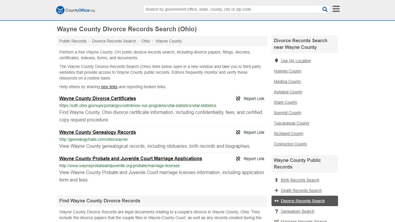 Wayne County Divorce Records Search (Ohio) - County Office